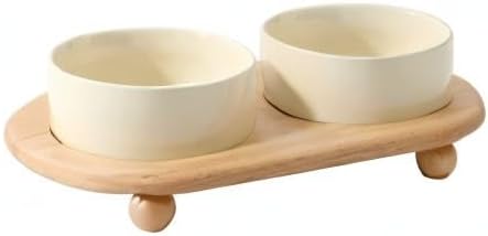 Havniva Ceramic Elevated Cat Food and Water Bowl, Kitty Bowl, Raised Cat Dish, Pet Feeder (5.1 in, 2 x Beige + Stand)