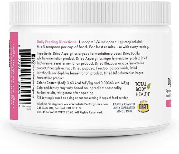 Wholistic Pet Organics Probiotics for Dogs with Digestive Enzymes & Prebiotic Fiber - 2 Oz - Daily Cat & Dog Probiotics for Digestive Health, Anti Diarrhea & Gut Support - Cat Probiotic - 57 Scoops