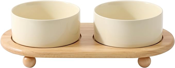 Havniva Ceramic Elevated Dog Bowls, Food and Water Bowls for Dogs, Puppy, Raised Dog Dish, Pet Feeder(6inch, 2 x Beige + Stand)