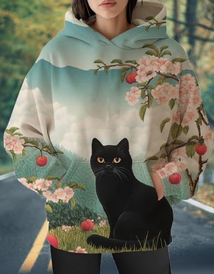 Womens Funny Cat Hoodies Oversized Graphic Hooded Sweatshirt for Women Fall Plus Size Pullover Hoodie Y2K