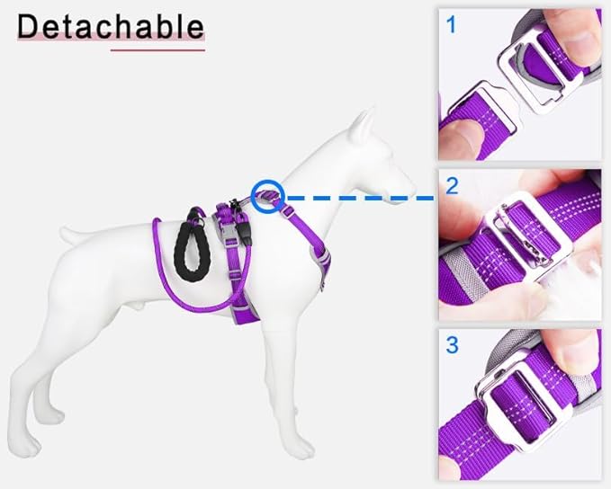 Adjustable Dog Harness - No Pull, Reflective, Soft Padded for Small, Medium, Large Dogs - Includes Leash Purple XL