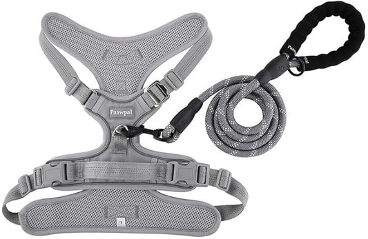 Adjustable Dog Harness - No Pull, Reflective, Soft Padded for Small, Medium, Large Dogs - Includes Leash Light Silver L