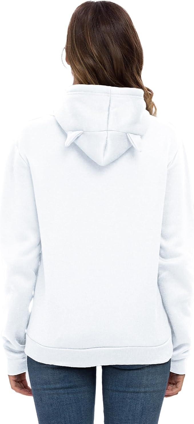 Women Teen Girls Hoodie Sweatshirt With Cute Cat Ear and Sleeping Cat Printed Pullover