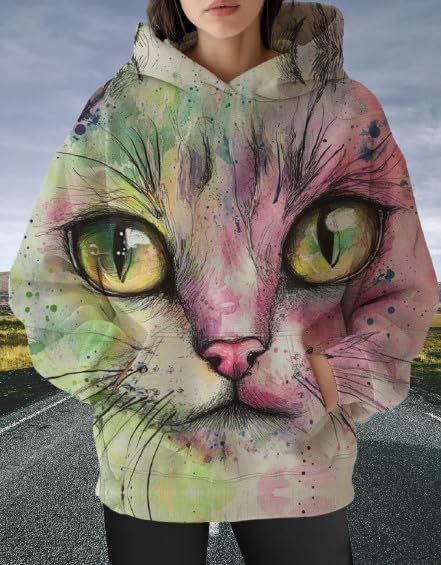 Womens Funny Cat Hoodies Oversized Graphic Hooded Sweatshirt for Women Fall Plus Size Pullover Hoodie Y2K