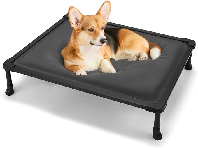 Veehoo Chewproof Elevated Dog Bed, Durable Raised Pet Cot with Soft PP Cotton-Filled Waterproof Mat, Washable Padded Cot for Indoor, Outdoor & Camping, 35-Inch, Grey