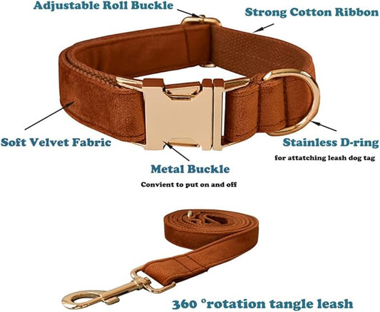 Love Dream Velvet Dog Collar and Leash Set, Soft & Comfy Adjustable Dog Leash and Collar with Heavy Duty Metal Buckle for Small Medium Large Dogs Training & Walking (Medium, Copper Red)