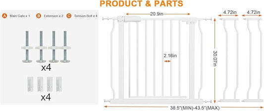 Wide Baby Gate for Stairs, Doorways, Hallways - Pressure Mounted - Walk Through - Dogs & Kids Gates - 38.5 to 43.5 Inch Wide