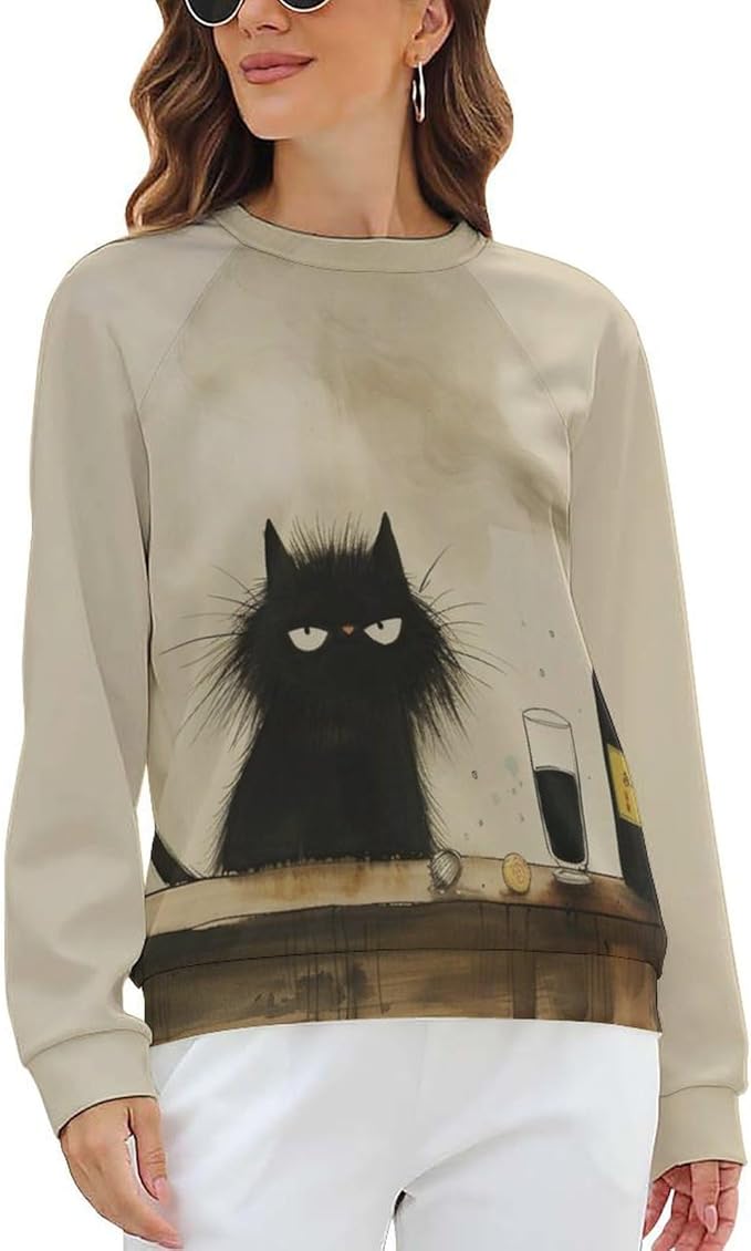 Biacolum Long Sleeve Shirts for Women Mid Century Retro Style Atomic Cat 3D Graphic Sweatshirts Fall Crewneck Pullover Top