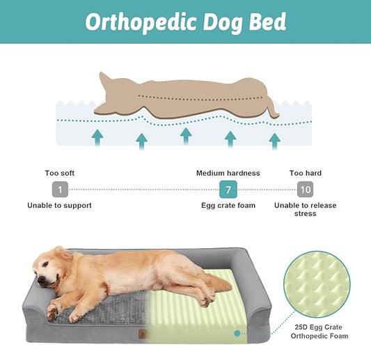 Orthopedic Dog Beds for Large Sized Dog, XL Bolster Pet Couch with Waterproof Lining, Egg Crate Foam Sofa for Pets Up to 100 lbs, U-Shaped, 44x32x7 inch, Grey