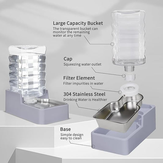 Automatic Pet Water Dispenser: 8L Light Gray Gravity Feeder with Stainless Steel Bowl - BPA-Free for Dogs Cats - No Spill Design