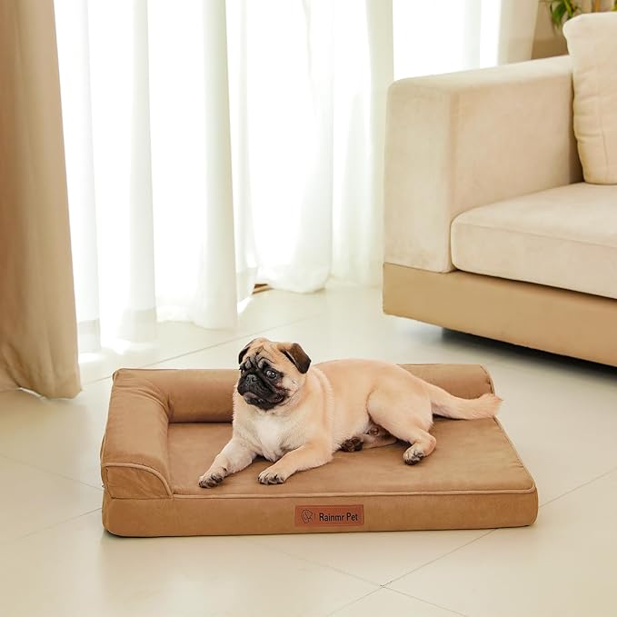 Orthopedic Memory Foam Dog Bed, Removable Washable Microsuede Cover, TPU Waterproof Liner, Nonskid Bottom, for Indoor, Outdoor, Crate & Car Use, 30x20x6 Inches, Khaki