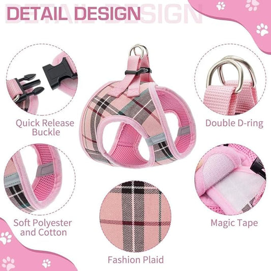 KOOLTAIL Small Dog Harness and Lead Set, Soft Mesh Plaid Puppy Harness with Safety Buckle, Adjustable & Comfortable Padded Reflective Vest for Puppies and Small Breeds Dogs Walking,Pink,X-Small