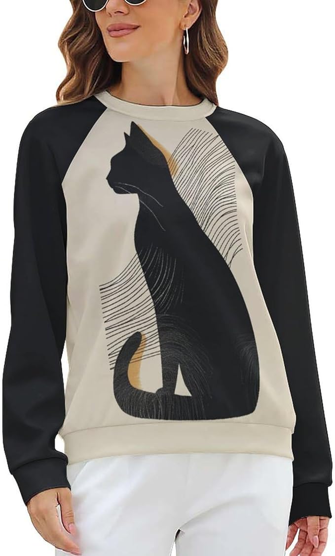 Biacolum Long Sleeve Shirts for Women Mid Century Retro Style Atomic Cat 3D Graphic Sweatshirts Fall Crewneck Pullover Top