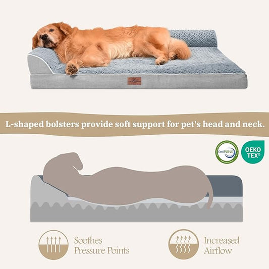 Comfort Expression Orthopedic Dog Bed for Large Dogs, Waterproof Dogs Beds with Bolsters, Large Dog Bed with Removable Washable Cover & Non-Skid Bottom(Grey)
