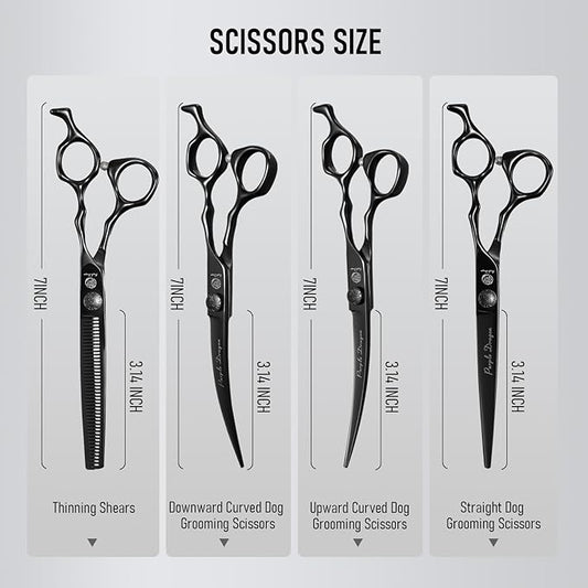 Purple Dragon Dog Grooming Scissors Set - Thinning, Straight, Up & Down Curved Scissors and Comb, 7 Inch Black Shears with Adjustable Screw for Dogs and Cats