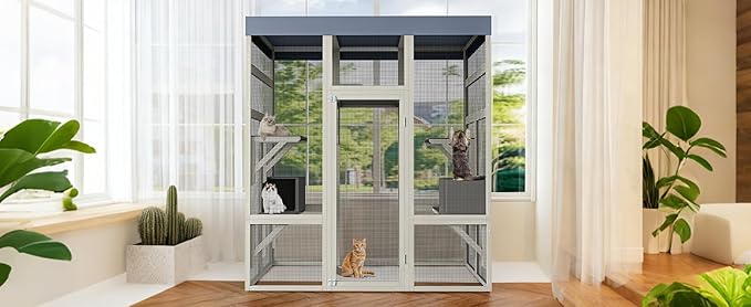 70-Inch Large Catio Enclosure, with Weatherproof Roof, UV-Protected, Wooden Frame and Rust-Resistant Steel Mesh, Cat House with 2 Lounging Boxes and Platforms, for Patio or Backyard