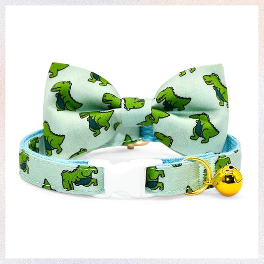 Sage Dinosaur Cat Collar Bow Tie with Bell, Breakaway Safety Cat Collar, Wedding/Birthday Cat Accessories
