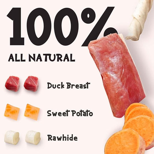 ASMPET Dog Treats Bones, Duck Wrapped Rawhide Sweet Potato Sticks for Small Medium Large Dogs(6pcs)