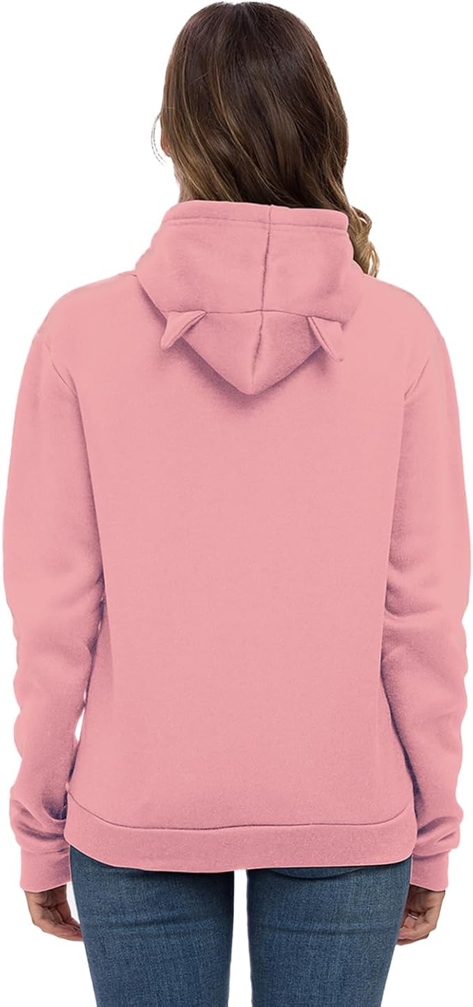 Women Teen Girls Hoodie Sweatshirt With Cute Cat Ear and Sleeping Cat Printed Pullover