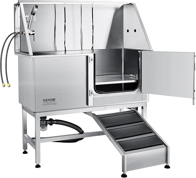 VEVOR 62" Pet Dog Bathing Station w/Ramp, Professional Stainless Steel Dog Grooming Tub w/Soap Box, Faucet,Rich Accessory,Bathtub for Large,Medium,Small Pet, Washing Sink for Home(Right)