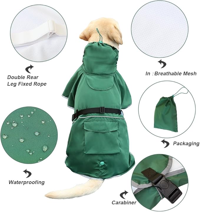 Reflective Dog Raincoat Waterproof Adjustable Dog Hooded Poncho Raincoat for Medium Large Dogs, Lightweight Pet Rain Jacket(Green, 4XL)
