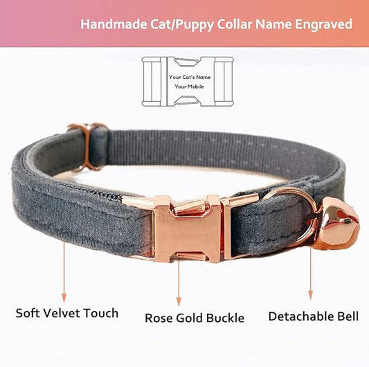 Cat Collar Personalized with Name Engraved and Bell, Customized Velvet Collars for Puppy Kittens (Grey, S)