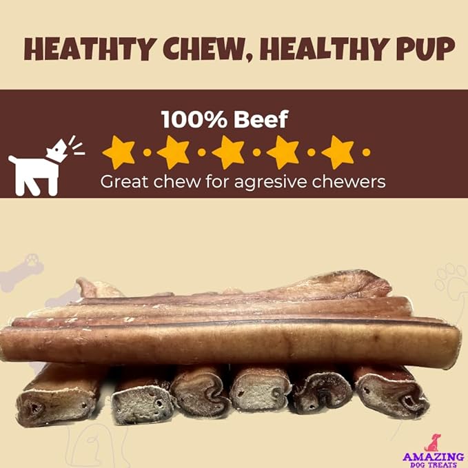 Amazing Dog Treats Bully Sticks 12 Inch - Extra Thick, Long Lasting - 5 Pcs/Pck