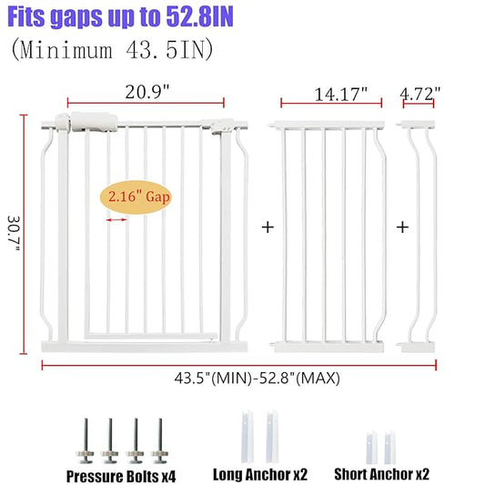 Extra Wide Baby Gate 48-53 Inch, Tension Mounted No Drilling, Pressure Mounted Indoor Safety Gate for Stairs & Doorways - Metal Design for Kids and Pets, White