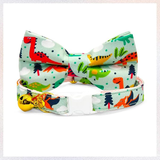 Cute Dinosaur Cat Bow Tie Collar, Sage Green Cat Collar, Breakaway Safety Collar, Wedding/Birthday Cat Accessories