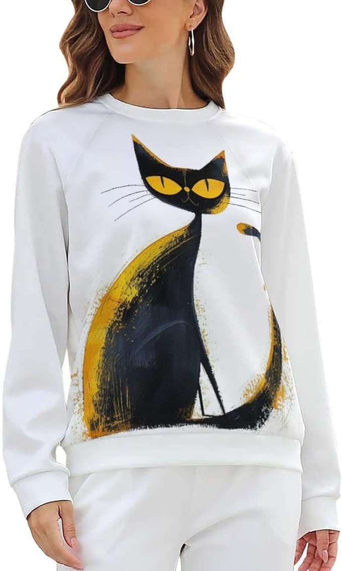 Biacolum Long Sleeve Shirts for Women Mid Century Retro Style Atomic Cat 3D Graphic Sweatshirts Fall Crewneck Pullover Top