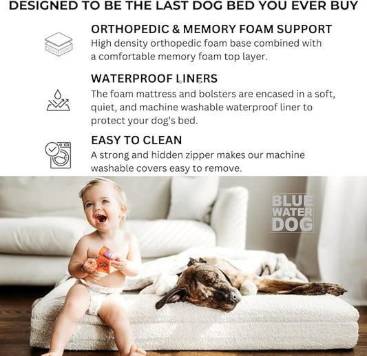 Luxury Boucle Orthopedic Memory Foam Dog Bed with Waterproof Liner and Machine Washable Cover with YKK Zippers (Large, 45" L x 36" W x 7" Th, Sand)