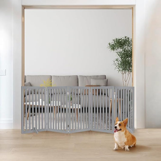 unipaws 36”H Free Standing Pet Gate for Dogs and Cats, Tall Wooden Dog Gates for Doorway, Stairs, Dog Room Divider, Foldable Pet Fence for The House, Expandable Barrier, Indoor Use, Grey