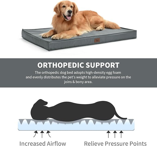 Outdoor Extra Large Dog Crate Bed, XXL Waterproof Dog Bed for Giant Breeds Dogs, 47x29 Inch Orthopedic Egg Crate Foam Pet Mat with Removable Cooling Cover, Grey