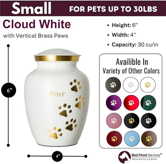 Pet Urn for Dogs and Cats with Personalized Laser Engraving, Ottillie Paws Premier Series Memorial Urns (Small Cloud White with Vertical Brass Paws)