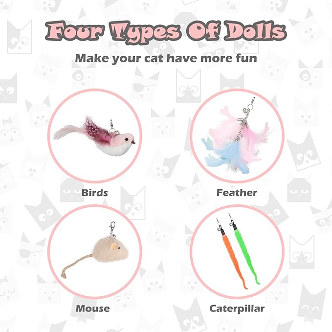 Greoil Interactive Cat Toys for Bored Indoor Adult Cats, 3 in 1 Cat Toys for Bored Cats,7 Pack Cat Teaser Cat Toys, Cats Toy Feather, Super Suction Cup Detachable with Balls and Birds