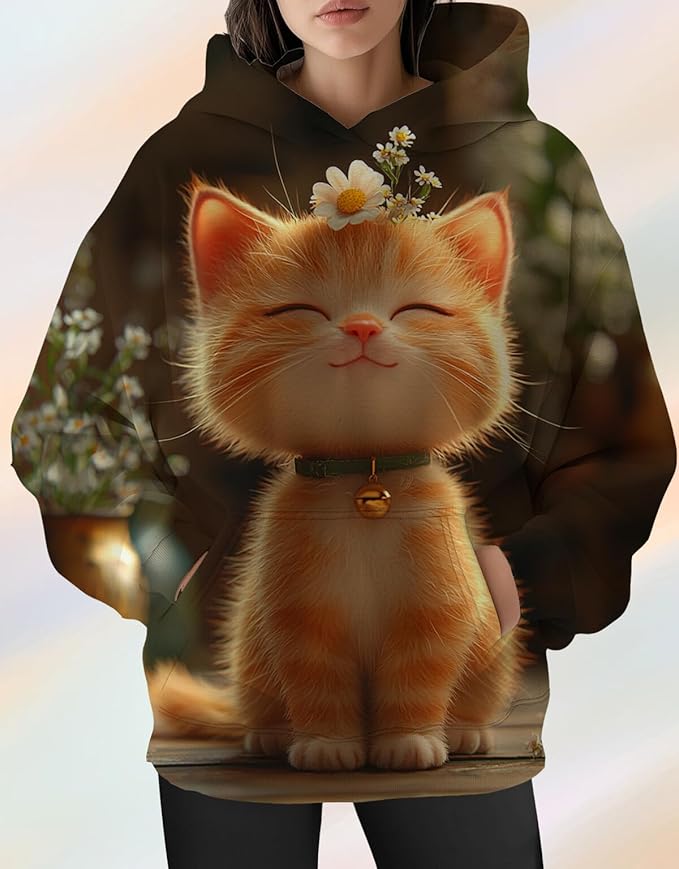 Womens Cat Print Hoodies Trendy Funny Cat Graphic Long Sleeve Sweatshirt Y2k Streetwear Hooded Pullover Tops
