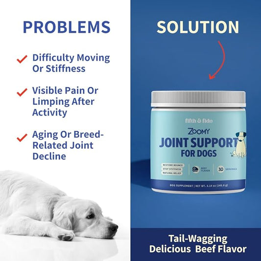 Fifth & Fido Joint Supplement for Dogs - Glucosamine for Dogs - Pet Vitamins and Supplements Powder with Chondroitin & MSM - Hip & Joint Support for Mobility, Stiffness & Flexibility - Mushroom Blend
