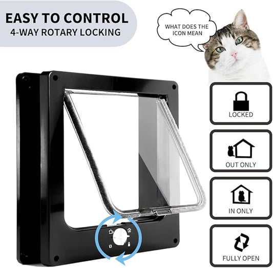 Cat Doors(Outer Size 11.6" x 10"), 4-Way Locking Cat Door for Interior Exterior Doors, Weatherproof pet Door with Magnet for Cat or Dog < 23.6 inches in Girth(Black XL)