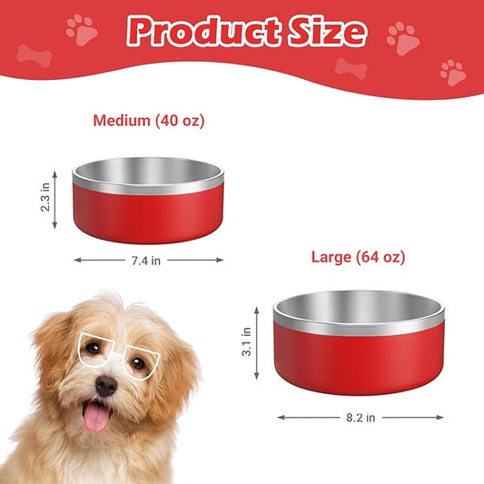 LIANLAI Stainless Steel Dog Bowls, Rust-Resistant Pet Bowls, Non Slip Dog Water Bowl, Versatile Feeding Bowls (Red,64 oz)