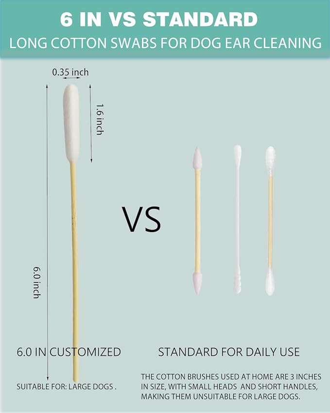 Dog Ear Swabs, 200 Count – 6 Inch Long Bamboo Cotton Swabs with Large Lint Free Absorbent Tips for Pet Ear Cleaning & Wax Removal, Pairs Well with Ear Cleaning Solutions, Clear Storage Box