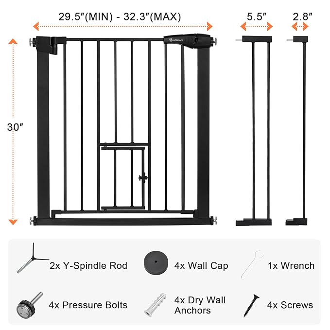 COMOMY Auto Close Baby Gate with Cat Door, 29.5"-40.5" Extra Wide Dog Gate for House Doorways Stairs, Pressure Mounted Easy Walk Thru Pet Gate, Includes 4 Wall Cups and 2 Extension Pieces, Black