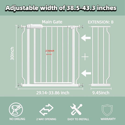 TSAYAWA Extra Wide Baby Gate with Door,38.5-43.3 Inch Walk Through Large Long Child Gates for Stair Doorway - Indoor TSAYAWA Outdoor Safty Gate for Toddler Pet Dog Doggie White