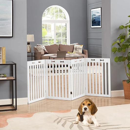 unipaws 29.5'H Free Standing Tall Wooden White Dog Cat Gate, Foldable Pet Fence for Doorway, Stairs, Indoor Use