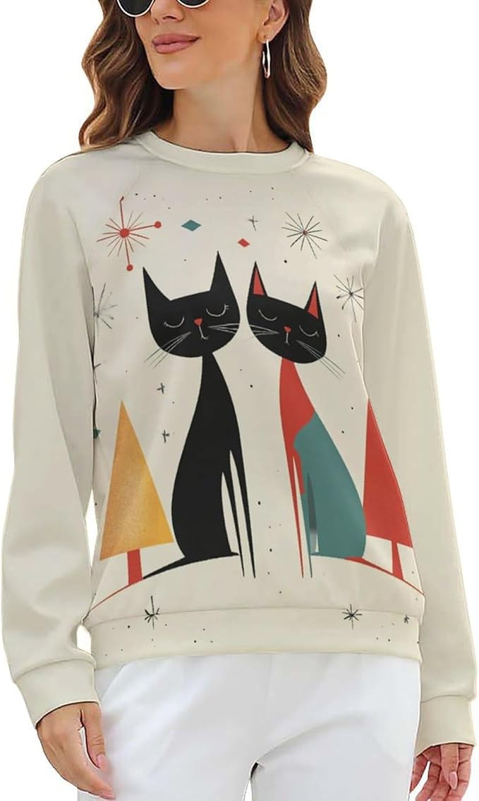 Biacolum Long Sleeve Shirts for Women Mid Century Retro Style Atomic Cat 3D Graphic Sweatshirts Fall Crewneck Pullover Top