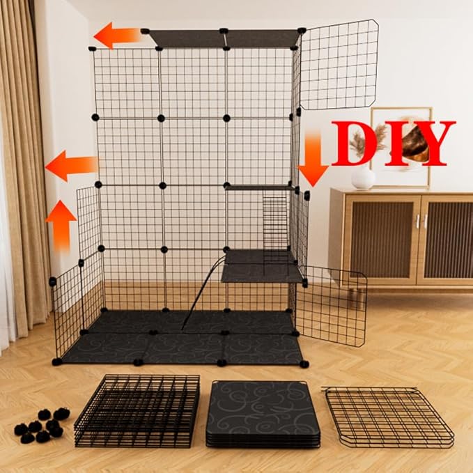 Indoor Cat Cage Enclosure DIY,Cat Playpen Catio Thick Metal Wire Kennels for 1-3 Cats Kitten Cage Detachable Patio Cat Crate (Only Cage)