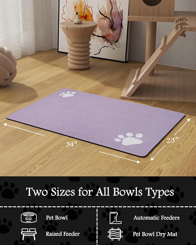 Pet Feeding Mat-Absorbent Dog Mat for Food and Water Bowl-No Stains Quick Dry Water Dispenser Mat-Dog Accessories Pet Supplies-Bowl for Messy Drinkers(Purple,23"x34"