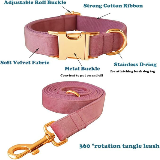 Love Dream Velvet Dog Collar and Leash Set, Soft & Comfy Adjustable Dog Leash and Collar with Heavy Duty Metal Buckle for Small Medium Large Dogs Training & Walking (XLarge, Pink)