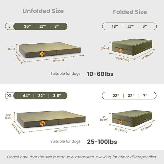 Laifug Foldable Waterproof Dog Bed for Large Dogs - Outdoor Orthopedic Dog Bed with Washable Removable Cover, Pet Mattress with Handles, Army Green, (36 x 27 x 3.5, inches)