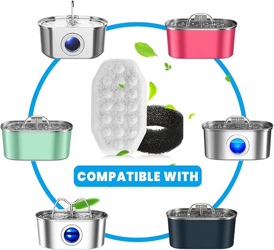 16 PCS Cat Water Fountain Filter for 108oz/3.2L Stainless Steel Dispensers – 8 Pack Replacement Filters for Pet Fountains – 8 Carbon + 8 Sponge – Improves Water Quality & Reduces Odors