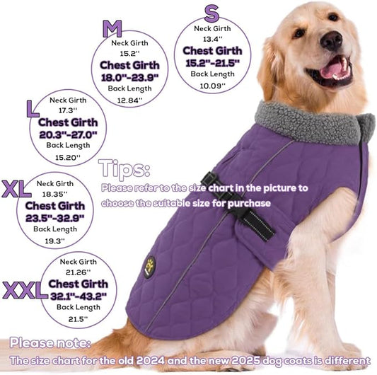 Dog Coat for Winter, Windproof Dog Apparel for Cold Weather, Furry Collar Warm Fleece Lining Water Resistant Pet Coats with Buckle, Reflective Pet Winter Clothes for Large Dogs, Purple XXL